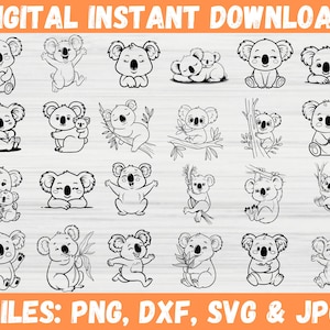 May include: Digital instant download featuring a collection of black and white koala bear illustrations in various poses. The koalas are depicted sitting, hugging, and climbing. Text at the top reads "DIGITAL INSTANT DOWNLOAD" and at the bottom "FILES: PNG, DXF, SVG & JPG".