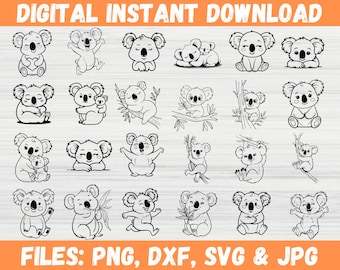 Könnte beinhalten: Sofortiger digitaler Download mit einer Sammlung von Schwarz-Weiß-Illustrationen von Koalabären in verschiedenen Posen. Die Koalas werden sitzend, umarmend und kletternd dargestellt. Der Text oben lautet "DIGITALER SOFORT-DOWNLOAD" und unten "DATEIEN: PNG, DXF, SVG & JPG".