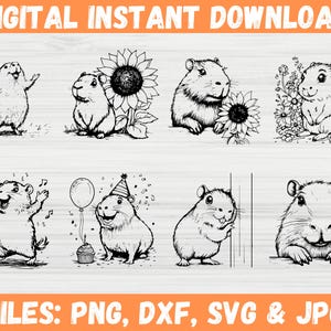 May include: Digital instant download featuring eight black and white illustrations of capybaras in various poses. Some capybaras are depicted with sunflowers, musical notes, and party hats. The bottom of the image displays the text "FILES: PNG, DXF, SVG & JPG."
