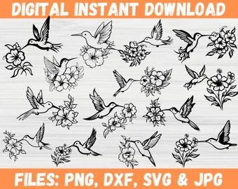 Hummingbird Flower SVG Bundle, Bird Clipart Image, Animal Flying Silhouette, Printable Art Vector, Instant Digital Download, Cricut for Svg