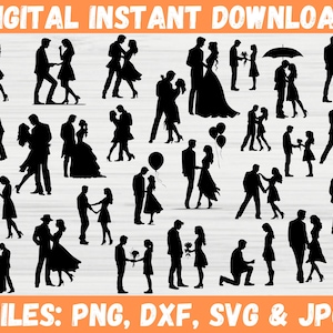 Cute Couple SVG Bundle, Valentine's Lover Clipart for Cricut, Includes SVG, PNG, Dxf, Jpg Files, Adorable Dancing Wedding Couple Silhouette.