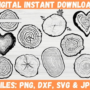 以下が含まれることがあります： ハート、テキスト用の空白スペースのある円、さまざまな数のリングを持つ円形デザインなど、さまざまな木目デザインを特徴とする、10個の白黒のSVGカットファイルのセット。画像の下部に「FILES: PNG, DXF, SVG & JPG」というテキストがあります。