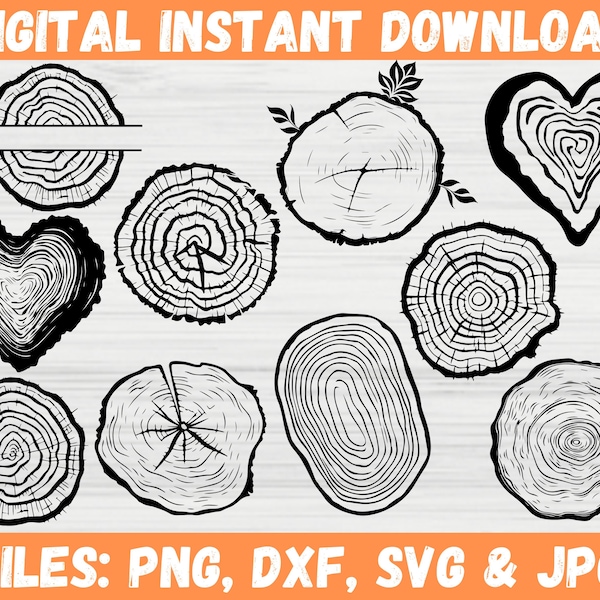 Tree Rings SVG Bundle, Tree Trunk Slice Clipart, Tree Rings Heart Shaped Monogram, Wood Cut Slice Silhouette, Digital Download Cricut File