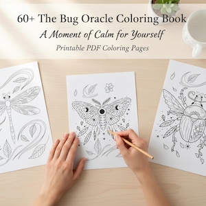 May include: A person using a pencil to colour a detailed bug illustration on a white printable PDF coloring page. The image is part of "The Bug Oracle Coloring Book" with the text "A Moment of Calm for Yourself". Other pages with bug illustrations are visible.