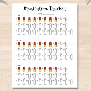 May include: A printable medication tracker with a grid of 31 days, divided into AM, NOON, and PM sections. Each day has 3 pill slots, represented by red and yellow capsules.