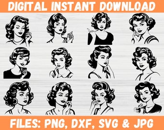 Descarga digital de mujer vintage SVG, ama de casa retro y chica pin-up, archivo de corte Cricut de chica de cómic de la era atómica de los años 50, mujeres retro glamorosas Svg.