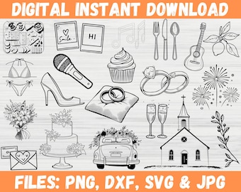 May include: A set of 18 black and white digital illustrations for wedding, party, or event design. The illustrations include a church, a car, a cake, champagne flutes, fireworks, a microphone, a guitar, a cupcake, rings, a bouquet of flowers, a pair of high heels, a bikini, a plate of food, a music note, a fork, a knife, a spoon, and two signs that say "Smile" and "Hi".