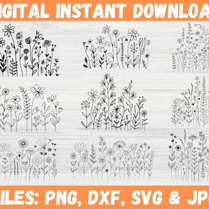 Wildflower Svg Bundle, Flower Meadow Svg, Minimalist Bouquet Svg, Floral Frame SVG, Botanical Nature Flower Sketch SVG, Floral Drawings SVG.