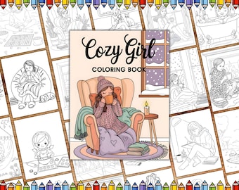 Gemütliche Girly Malseiten, Gemütliche Jahreszeit Malbuch, Gemütliche Mädchen Ausmalbilder, Kawaii Mädchen Malseiten, Süßes und Gemütliches Malbuch
