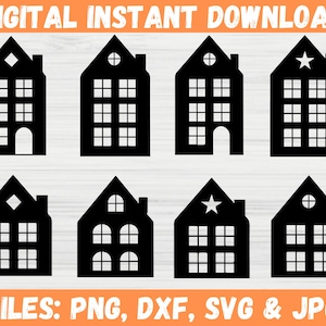 Puede incluir: Ocho imágenes en silueta negra de casas con diferentes estilos de ventanas y puertas. El texto "DIGITAL INSTANT DOWNLOAD" está en la parte superior de la imagen. El texto "FILES: PNG, DXF, SVG & JPG" está en la parte inferior de la imagen.