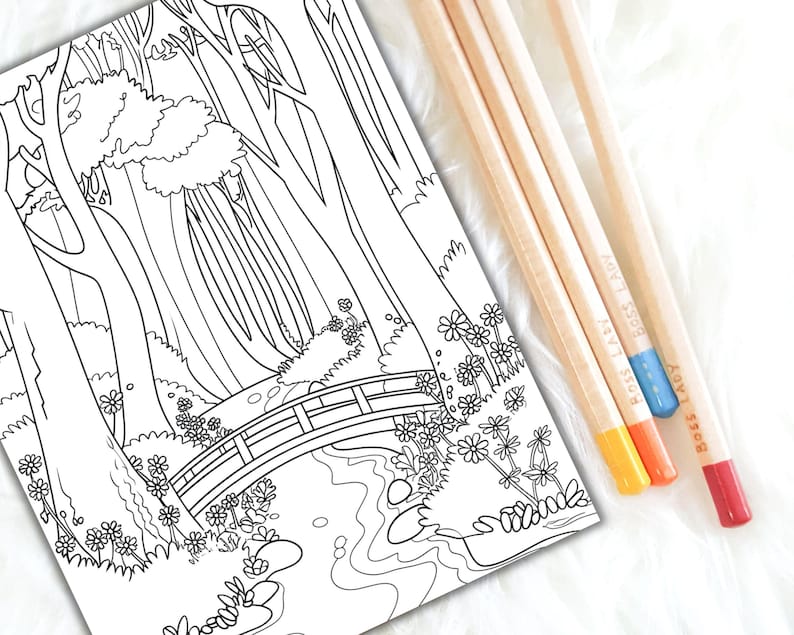 enchanted forest printable coloring pages magical coloring book adults stress relief coloring for teens grayscale coloring pages adult relaxation forest animals whimsical trees nature designs