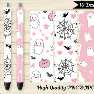 May include: Ten digital paper designs featuring a pink and white color scheme with various Halloween themed patterns including ghosts, bats, stars, pumpkins, and spiderwebs. The text "10 Designs" and "High Quality PNG & JPG" are also included in the image.
