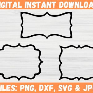 May include: Three black outline frames with different shapes. The frames are on a white wood background. The text "FILES: PNG, DXF, SVG & JPG" is at the bottom of the image.