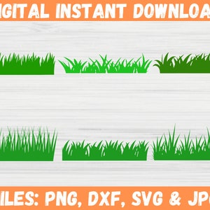 May include: Four different green grass silhouettes, each with a different shape and size. The grass is a solid green color and is set against a white background. The text "DIGITAL INSTANT DOWNLOAD" is at the top of the image and the text "FILES: PNG, DXF, SVG & JPG" is at the bottom of the image.