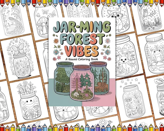 Cute Kawaii Forest Jar Coloring Pages, Bold Easy Printable Coloring Book, Relaxing Stress Relief PDF for Kids & Adults