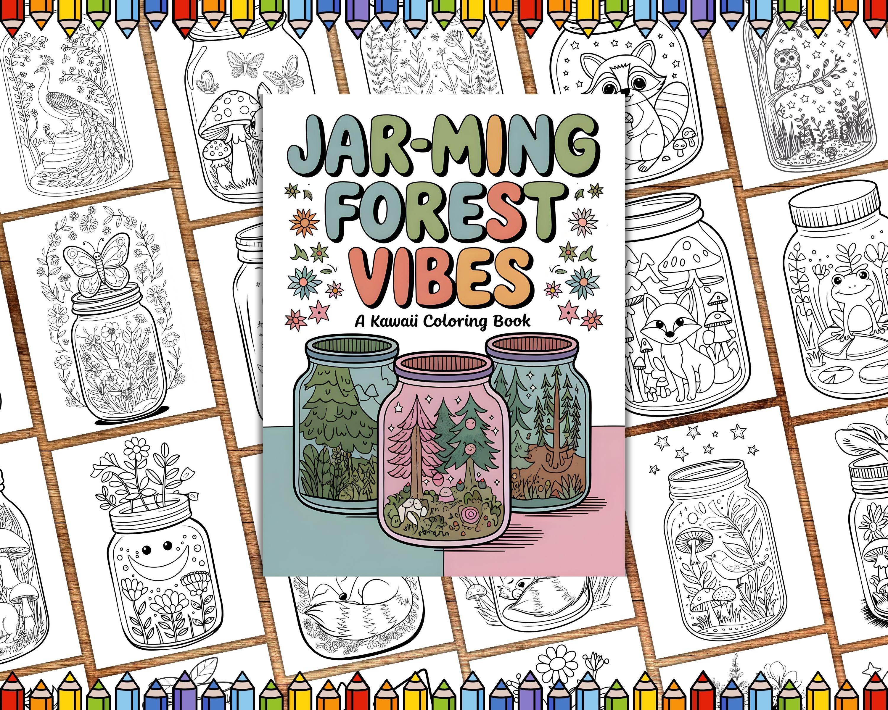 Cute Kawaii Forest Jar Coloring Pages – Enchanted Woodland Terrarium Printable Book for Adults and Kids - Image 1