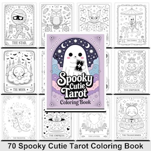 May include: A collection of black and white tarot card illustrations and a coloring book titled "Spooky Cutie Tarot Coloring Book." The cards feature whimsical Halloween-themed characters and symbols. The coloring book cover features a cute ghost.