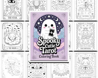 Spooky Cutie Tarot Kleurboek PDF | 70 leuke gotische halloween enge kaarten kleurplaten | Witchy kawaii herfstseizoen afdrukbare kunst