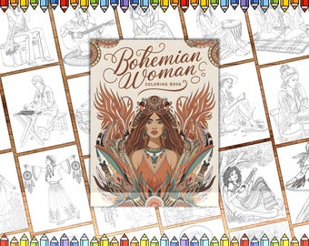 Bohemian Woman Coloring Pages, Boho Girls Coloring Pages, Beauty Portraits Coloring Page for Adult, Women's Coloring Pages, Bohemian Fashion