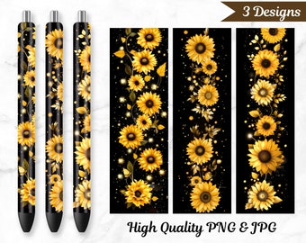 Sunflower Pen Wraps, Glitter Fall Waterslide Designs, Autumn Epoxy Pen Wrap Bundle, JPG PNG