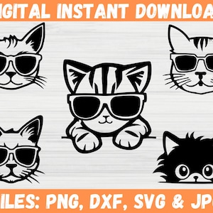 Bundle SVG chat portant des lunettes de soleil, bébé chaton furtivement avec des lunettes des cliparts, téléchargement immédiat numérique chats mignons, fichier de coupe Cricut pour SVG