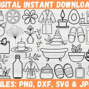 May include: A set of 25 black and white line art illustrations of spa and wellness items. The illustrations include a bathrobe, a candle, a bath tub, a plant, a bottle, a lemon, a bow, a ginkgo leaf, a spa treatment jar, a towel, and more.