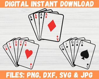 Paquete SVG de naipes, imágenes prediseñadas de cartas de póker, siluetas de cartas de escalera real, cartas de mano de ases, descarga digital, archivo de corte de Cricut