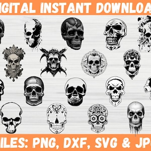 Skull Bundle SVG | Floral Skull SVG Silhouettes & Outlines | Detailed Skull Head Designs for DIY Crafts | Perfect for T-Shirts, Mugs.