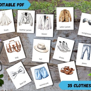 May include: An assortment of illustrated clothing items on cards, including a frock, leather jacket, blazer, safari jacket, sunglasses, bag, hat, shoes, jeans, bow tie, and swim trunks. The cards are labeled with the item names and the text "EDITABLE PDF" and "35 CLOTHES".