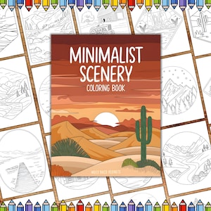 Op de afbeelding: Een kleurboekomslag met een minimalistische woestijnscène. De omslag toont een zonsondergang met een cactus, bergen en een zon. De titel van het boek is "Minimalist Scenery Coloring Book".