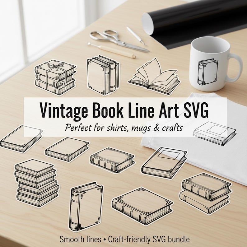 55 Vintage Book Line Art SVG Bundle | Antique Book Clipart | Library ...