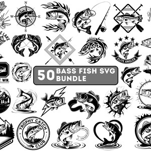 以下が含まれることがあります： 白黒のバスフィッシュSVGデザイン50点セット。バスフィッシュのイラスト、釣り関連のグラフィック、そして「King of the Lake」、「Elite Angler」、「Fish. Fight. Win.」などのテキスト要素が含まれています。