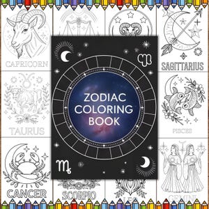 Zodiac Horoscope Coloring Book, Celestial Astrology Coloring Pages, Celestial Zodiac Signs, Zodiac Coloring Book Anti-Stress, Relaxation Art