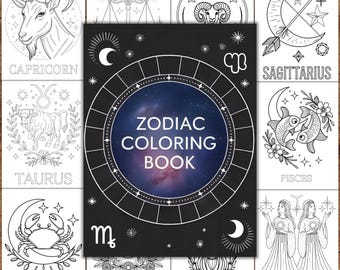 Zodiac Horoscope Coloring Book, Celestial Astrology Coloring Pages, Celestial Zodiac Signs, Zodiac Coloring Book Anti-Stress, Relaxation Art