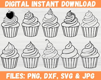 Cupcake Line Art SVG Bundle, Minimalist Bakery Cut Files for Birthday Party Decor