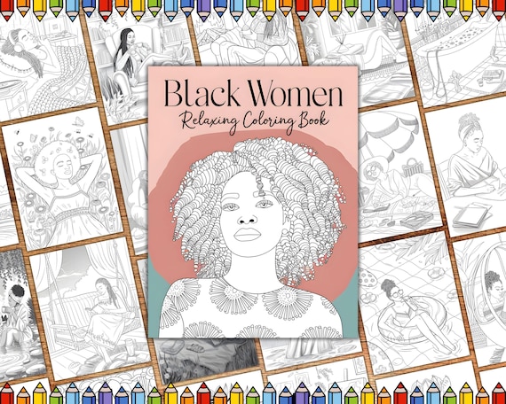 Black Women Relaxing Coloring Pages, African American Women Digital Coloring, Black Beauty Coloring Pages for Adults,  Black Woman Coloring