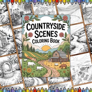 Countryside Coloring Pages, Village & Farm Scenes, Country Scenic Coloring Page, Gardening coloring, Adult coloring, Grayscale Coloring Book