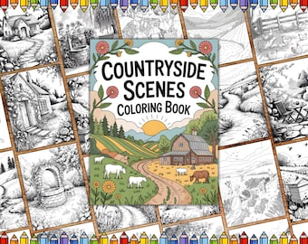 Countryside Coloring Pages, Village & Farm Scenes, Country Scenic Coloring Page, Gardening coloring, Adult coloring, Grayscale Coloring Book