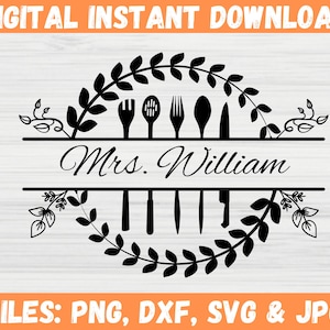 May include: Black and white silhouette design of a wreath with kitchen utensils and the text "Mrs. William".