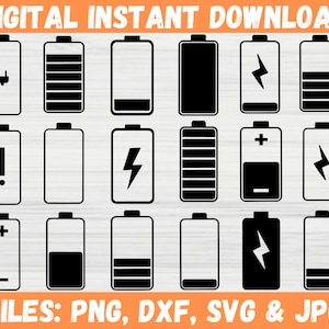 携帯電話バッテリー SVG バンドル 低電力充電シンボル エネルギー クリップアート シルエット バッテリー フル充電 Cricut ファイル 商用利用 即時ダウンロード