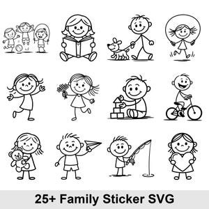 May include: A collection of black and white line drawings depicting children playing, reading, and engaging in other activities. The image includes the text "25+ Family Sticker SVG". The illustrations show children with a dog, a skipping rope, and a bicycle.