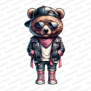 Cool Teddy Bear Sublimation, Hip Hop Bear Design, Trendy Colorful Bear Clipart, Bear Hoodie T-shirt Sublimate, DTF Design, Digital Download