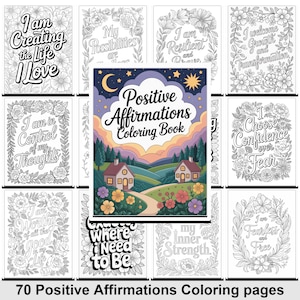 Puede incluir: Un conjunto de páginas para colorear con bordes florales y afirmaciones positivas. La portada central del libro dice "Positive Affirmations Coloring Book" con una ilustración de paisaje. La imagen incluye el texto "70 Positive Affirmations Coloring pages".