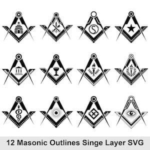 May include: Twelve black Masonic outline designs. Each design features a square and compass, with various symbols inside, including a beehive, keys, a snake, a star, a building, a chalice, a torch, a wreath, a caduceus, a sunburst, a cross, and an eye. The text at the bottom reads "12 Masonic Outlines Singe Layer SVG."