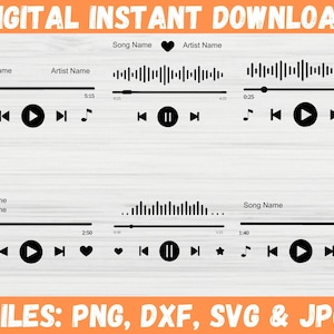 May include: Black and white digital music player interface with a song title, artist name, and playback controls. The interface includes a progress bar, play, pause, rewind, fast forward, and other buttons. The text on the interface reads "DIGITAL INSTANT DOWNLOAD", "Song Name", "Artist Name", "FILES: PNG, DXF, SVG & JPG".