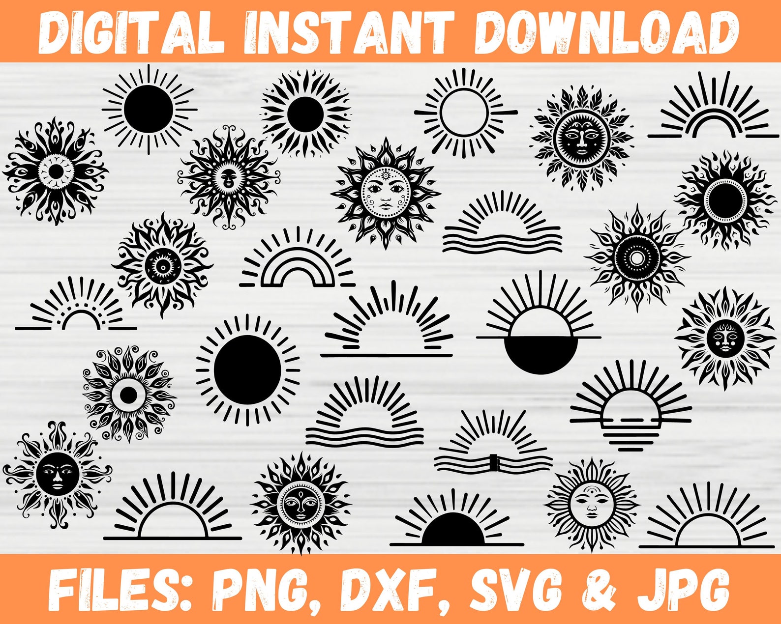 Boho Sun SVG Bundle Sunshine Ray Clipart Hand Drawn Horizon Sun Light ...