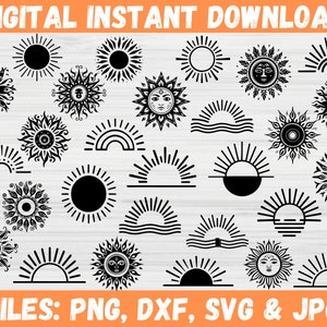 Boho Sun SVG Bundle Sunshine Ray Clipart Hand Drawn Horizon Sun Light Silhouette Sunburst Summer Cricut File Commercial Use Instant Download