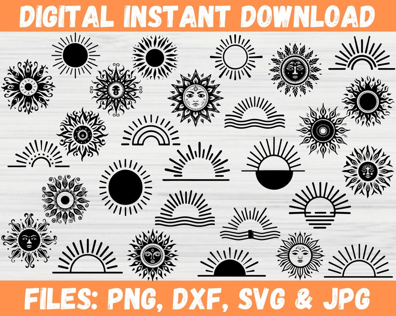 Boho Sun SVG Bundle Sunshine Ray Clipart Hand Drawn Horizon Sun Light ...
