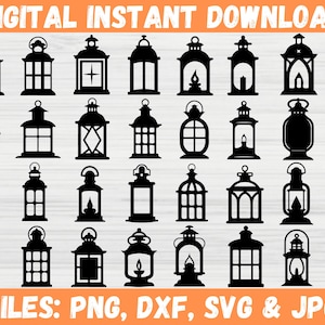 Puede incluir: Un conjunto de 36 archivos de corte SVG de silueta de linterna negra. Las linternas son de varios estilos, incluyendo tradicionales, modernos y caprichosos. Los archivos son perfectos para manualidades, scrapbooking y decoración del hogar.