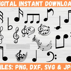 Op de afbeelding: Een digitale download van 16 zwart-witte muzieknoot SVG-bestanden. De noten omvatten vioolsleutels, basssleutels, kwartnoten, achtste noten en een kruis. De tekst "DIGITAL INSTANT DOWNLOAD" en "FILES: PNG, DXF, SVG & JPG" staat bovenaan en onderaan de afbeelding.